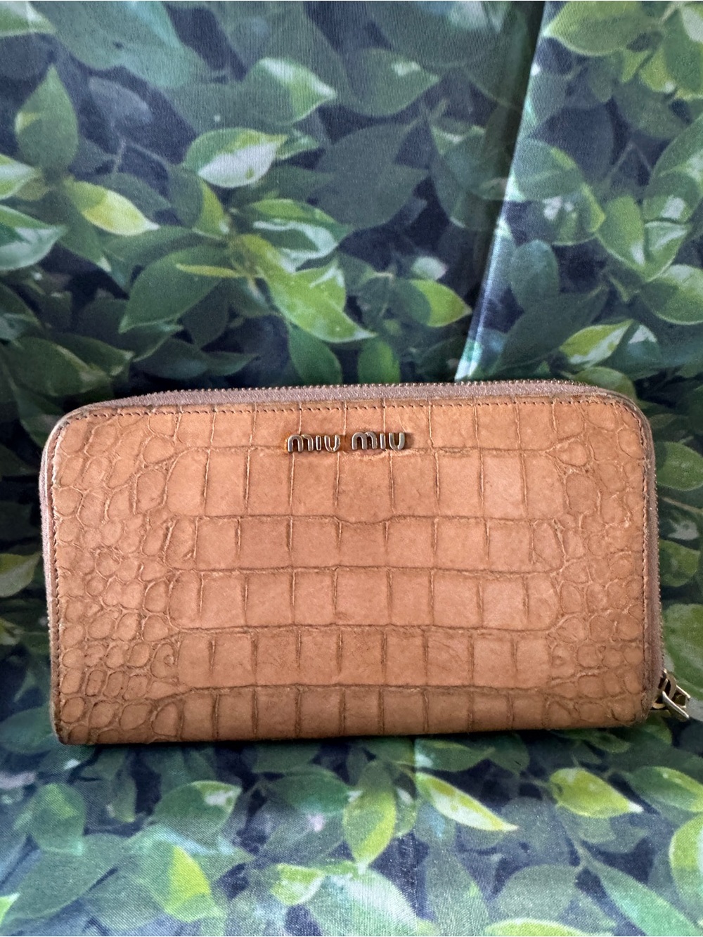 Miu Miu Tan zip around Croc-Embossed Zip Wallet